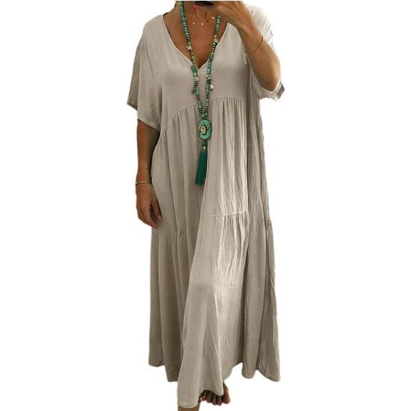 Letnia Lniana Sukienka Plus Size Dla Kobiet LuźNa Z KróTkim RęKawem I Dekoltem W Serek DłUga Sukienka Codzienna PlażOwa Zwiewna Sukienka Letnia Z Kieszeniami XXL Khaki-image