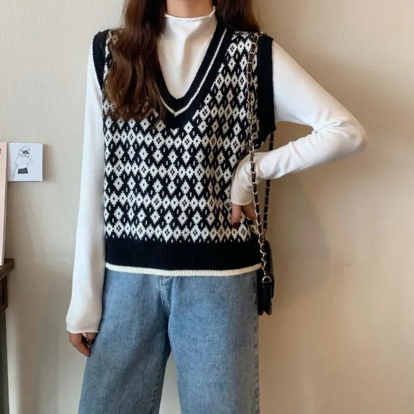 Chaleco Tipo SuéTer A Cuadros Fengling Para Mujer, VersióN Coreana, Holgado, Con Cuello En V, Corto, De Punto De Lana, Sin Mangas, Para Primavera Y OtoñO S Gray-image