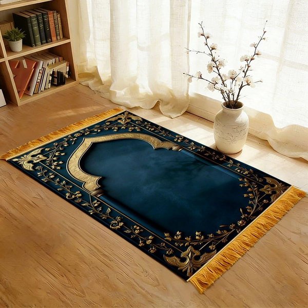 MuzułMańSki Dywanik Modlitewny Z Wzorem łUku, Niebiesko-ZłOty Luksusowy PodróżNy Dywanik Modlitewny, Prezent Na Eid, SkłAdany Islamski Janamaz Do Modlitwy 80X120Cm(32X47Inch-image