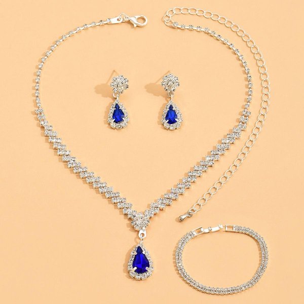 Pendientes Colgantes De Diamantes, Pulseras, Pendientes, Juego De Collar, JoyeríA Nupcial De Boda A La Moda, Juego De Tres Piezas. Azul-image