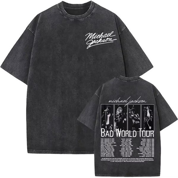 Rey Del Pop Michael Jackson Bad World Tour Camisetas Hombres Mujeres Casual Suelta Oversize Camiseta Hip Hop S vintage Lavadas Camisetas 2XL-image