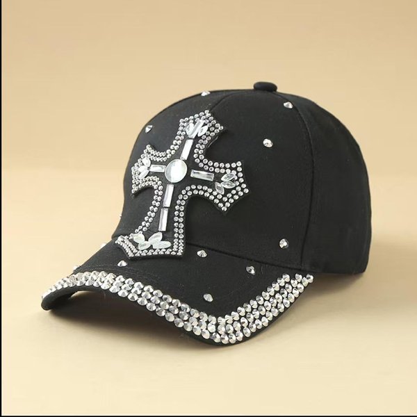 Unisex Czapka Z Daszkiem Z Kamieniami Strasu I KrzyżEm, Regulowana Czapka Typu Dad Hat Ozdobiona KryształAmi, Punkowa Moda Y2K Kapelusz PrzeciwsłOneczny Dla MężCzyzn I Kobiet Streetwear Gray-image