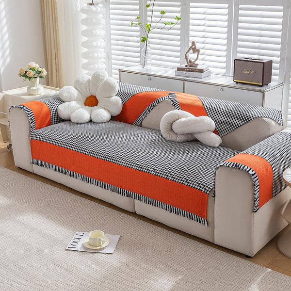 CojíN De Sofá De Lino AlgodóN Universal Para Cuatro Estaciones Tejido A Cuadros Antideslizante Funda De CojíN Para Sofá Espesado Muebles De Sala De Estar Polvo 90X90Cm 1Pcs White-image