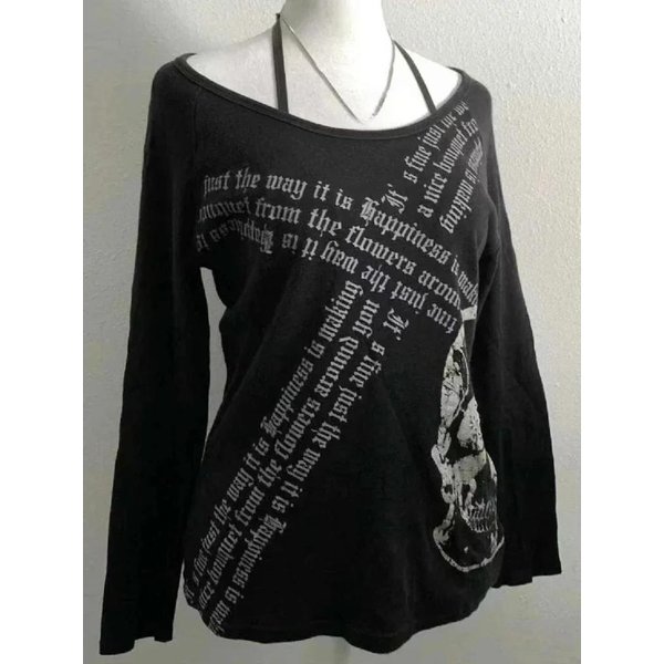 Camisetas Negras GóTicas Americanas Vintage De Los 2000 Para Mujer Estilo Punk GráFico Grunge Camisetas Harajuku Y2K Tops De Manga Larga Ropa De Calle M Gray-image