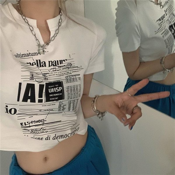 Camiseta Blanca De Manga Corta Con Cuello En V Para Mujer En Verano Nuevo Estilo Coreano Ajustada Corta Top Estudiante Hot Girl Con Ombligo Al Aire 2XL Blanco-image