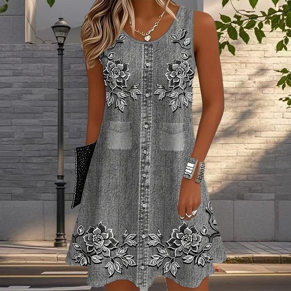 Vestido De Mujer Cowboy Estampado Sin Mangas Cuello Redondo Suelto Suave Y CóModo Talla Grande 5XL Gris-image