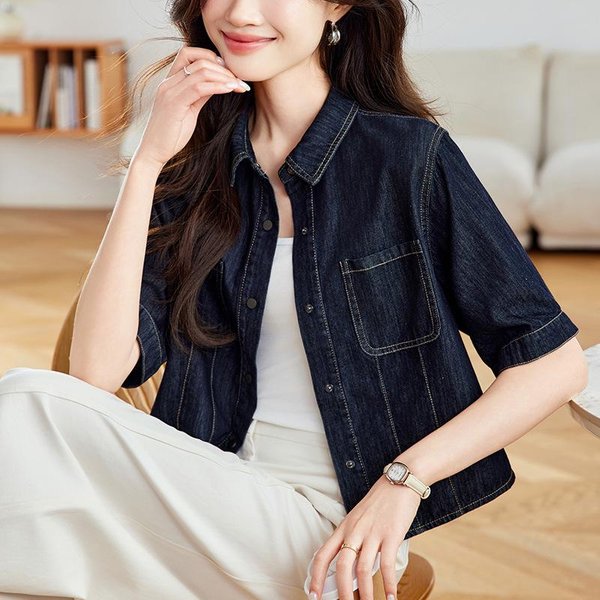 Chaqueta Camisera Denim Para Mujer Manga Corta Primavera Y Verano Nuevo Top Corto Camisa Azul PequeñA M Black-image
