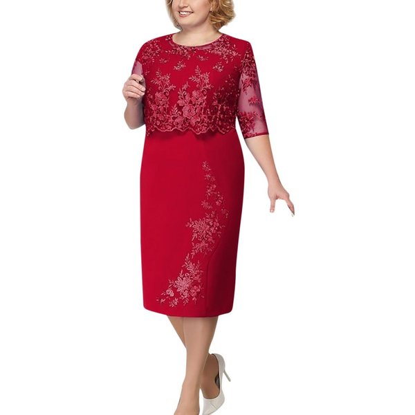 Vestido Elegante De Encaje A La Moda Para Mujer, Vestido Hasta La Rodilla Para Madre De Novia, Vestidos De Talla Grande Xxxxl Rojo-image