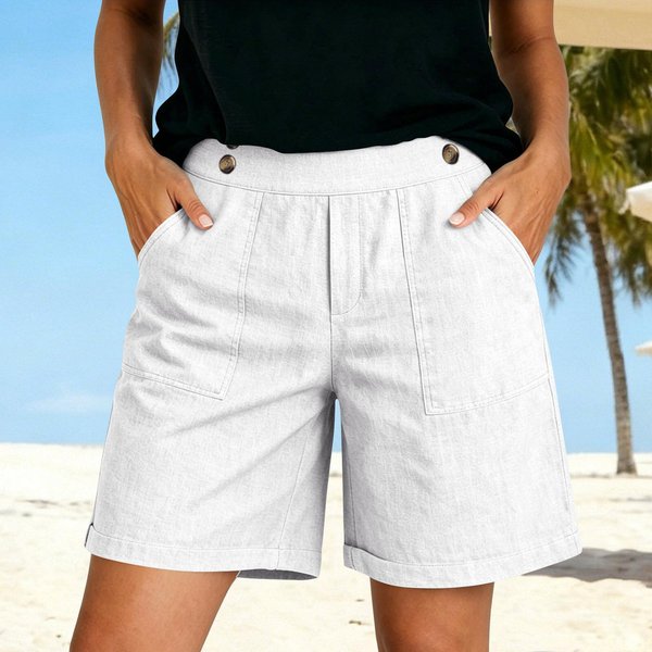Pantalones Cortos De Lino Y AlgodóN Suave Para Mujer, Con Bolsillos, Cierre De Botones Suaves, Sin Cremallera, Corte Ajustado. XL Blanco-image