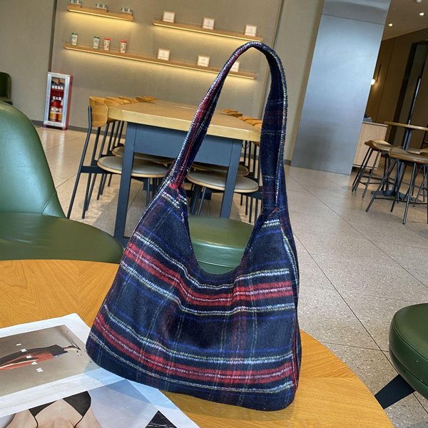 Bolso Bandolera VersáTil, Bolso Tote Retro De Cuadros De Lana, Bolso De Gran Capacidad Estilo Escolar-image