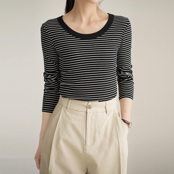 Camiseta De AlgodóN Puro Para Mujer De Manga Larga Rayas Camisa Base En OtoñO Nueva Cuello Redondo Ajustado Y VersáTil Top XXL Negro-image
