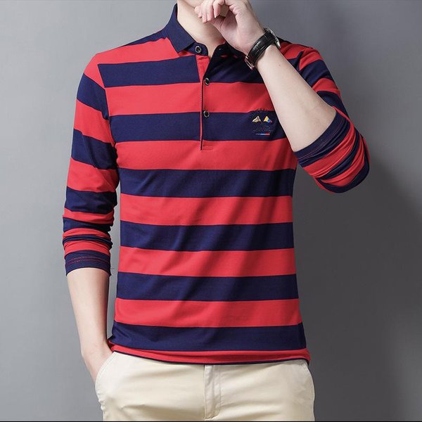 Nueva Camiseta Polo Para Hombre, De Primavera Y OtoñO, De Manga Larga, Con Camisa BáSica, Informal, De Negocios, Con Solapa, A Rayas, Ajustada. 4XL Red-image