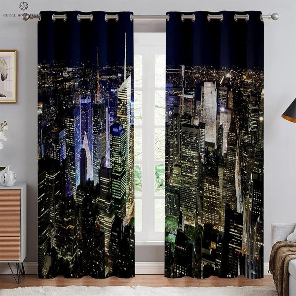 Widok Nocny Miasta WybrzeżE Drukowane 3D ZasłOny Salon Kuchnia Sypialnia ZasłOny Dekoracyjne ŁAtwe W Praniu I PielęGnacji 2 Szt. W50Xh130(Cm)X2Pcs&Rod Pocket White-image