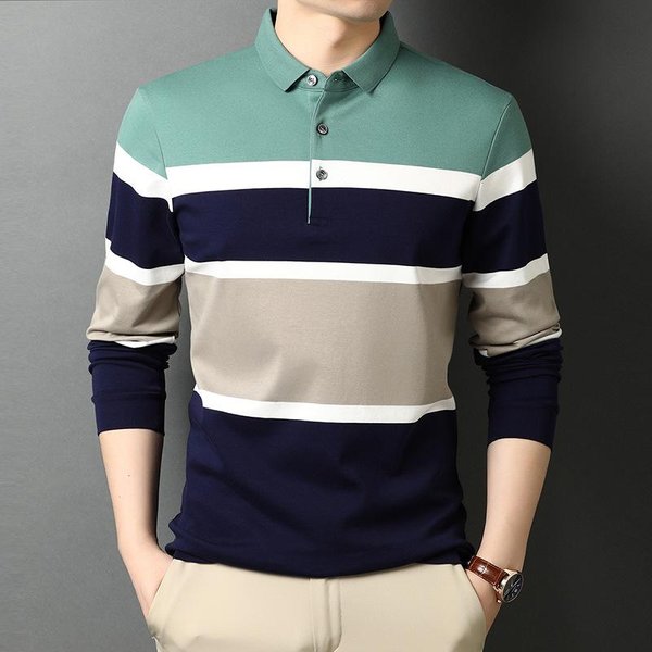 Primavera Nueva Camiseta Rayada De Hombre Solapa AlgodóN Moda Casual Camiseta De Manga Larga Para Hombre Xxxl White-image