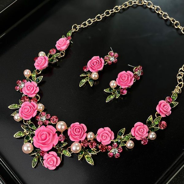Conjunto De JoyeríA De Flor De Rosa RomáNtica Collar Pulsera Pendientes JoyeríA Moda Femenina Collar Gargantilla Rosa Morado Para Fiesta Boda Black-image