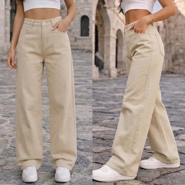 Jeans Rectos Holgados Lavados Retro Para Mujer - Pantalones Largos Casuales Y VersáTiles XL Caqui-image
