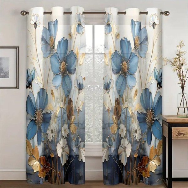 2 Piezas Cortina Floral Abstracta LíNea Dorada Moderna Floral Impresa Digitalmente Para Sala De Estar Cortinas Con Ojales Para Dormitorio 50W160H(Cm)X2Panel&Grommet Top-image
