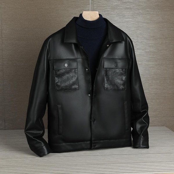 Nueva Chaqueta De Cuero Con Plumas De Invierno Para Hombre Moda Solapa Chaqueta De Cuero PU Xxxxl Negro-image
