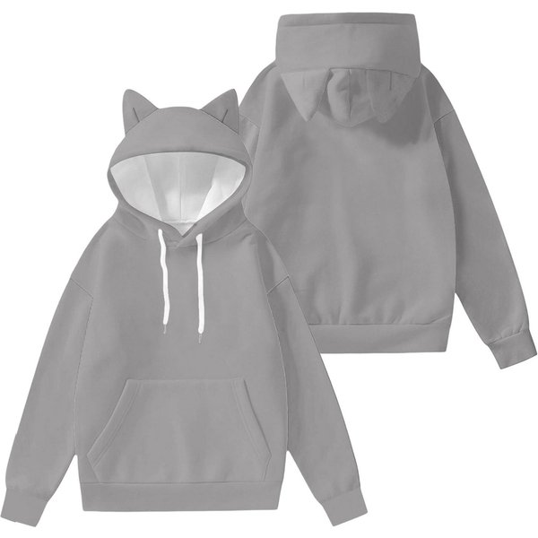 DziecięCa Modna Lekka Bluza Pulower Z DłUgim RęKawem Z Kieszeniami, Jednolity Kolor, I Bluza Z Kapturem Z Uszkami 140 Gray-image