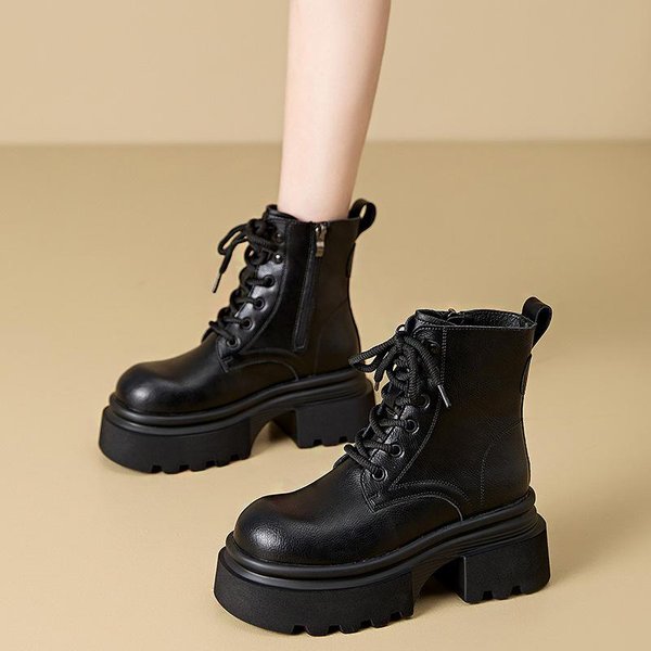 Botines De TacóN Grueso Para Mujer Con Cordones Botas Negras Gruesas Nuevas Botas De Cuero De Invierno Mujer Plataforma Zapatos Punk Tacones Altos De 7CM 40 Negro-image
