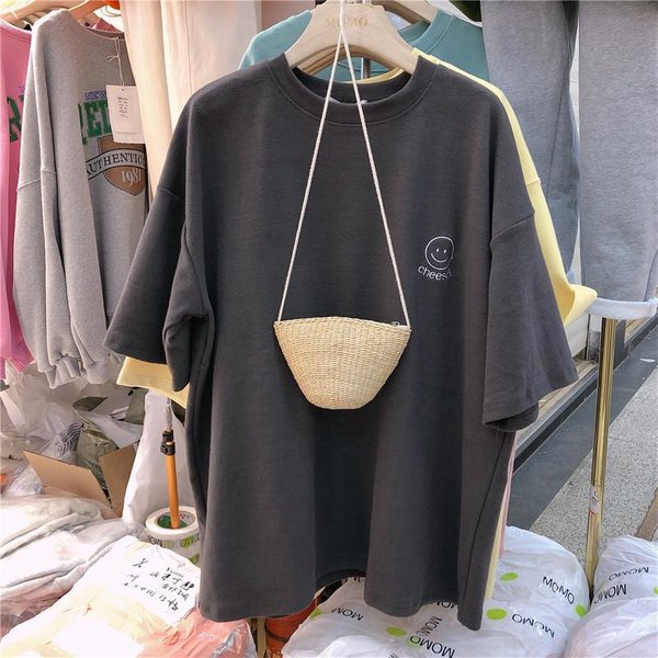 Camiseta Bordada De Manga Corta Para Ropa De Verano Para Mujer Nueva Holgada Talla Grande Camiseta De Estudiante Para Mujer 2XL Gris-image