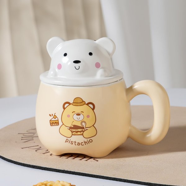 Prezent Uroczy KreskóWkowy Chciwy NiedźWiedź Ceramiczny Kubek Z Pokrywką Zestaw Kubek Ze ŁYżEczką Domowy Kubek Na Wodę Dla Dziewczynek 350ML-image