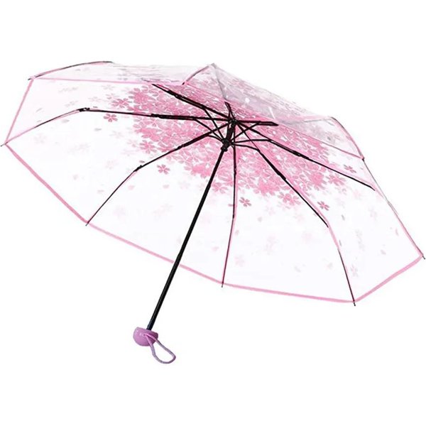 Paraguas Coreano Plegable Lindo Coreano Mini Fresco Simple Serie Sen Paraguas JaponéS Transparente Con Forma De Flor De Cerezo De Tres Pliegues Color Rosa-image