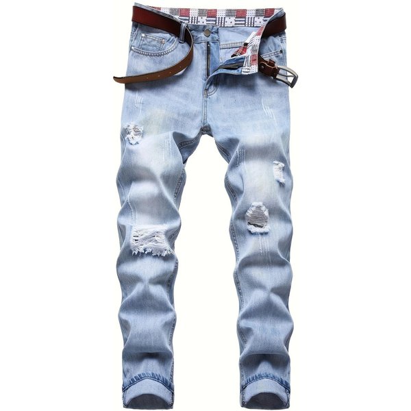 MęSkie BawełNiane Jeansy Z Dziurami I Przetarciami, Szykowne Spodnie W Stylu Ulicznym Slim Fit Dla MężCzyzn, Na KażDą Porę Roku 36 Jasny Kolor Niebieski-image