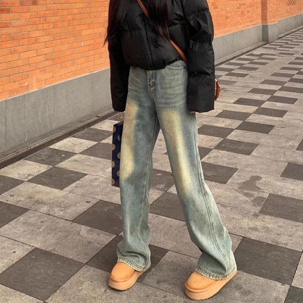 Jeans Rectos De Forro Polar Engrosado Estilo Retro Americano Para Mujer En OtoñO E Invierno Nuevos Pantalones Anchos Sueltos Ajustados Y Estrechos 2XL Gray-image
