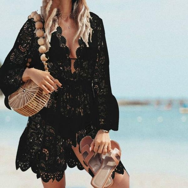 Letnie Damskie GłęBokie V Neck OsłOna Do Bikini Up Kwiecista Koronka Hollow SzydełKowy StróJ KąPielowy Cover-Up StróJ KąPielowy Kostiumy KąPielowe Tunika Sukienka PlażOwa Xxxl Czarny-image