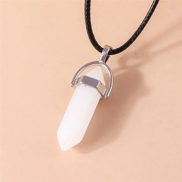 Kamień Naturalny Kwarc Lapis Opal Ametyst RóżOwy KryształOwy Kamień SześCiokąTna Kolumna Wisiorek Naszyjniki SkóRzany łAńCuszek Naszyjnik W KształCie Kuli Beige-image