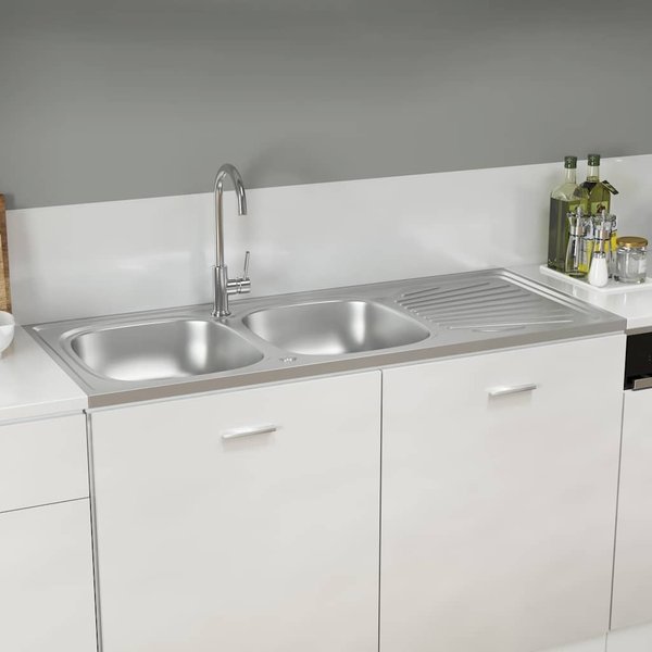 Vidaxl Fregadero De Cocina Doble, Plateado, 1200X600X155 Mm, Acero-image