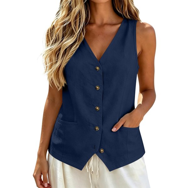 Chaleco De Lino Y AlgodóN Sin Mangas Para Mujer Con Botones Frontales, Cuello En V, Corte Holgado, Camisa Blusa Casual De Verano Con Bolsillos S Azul-image