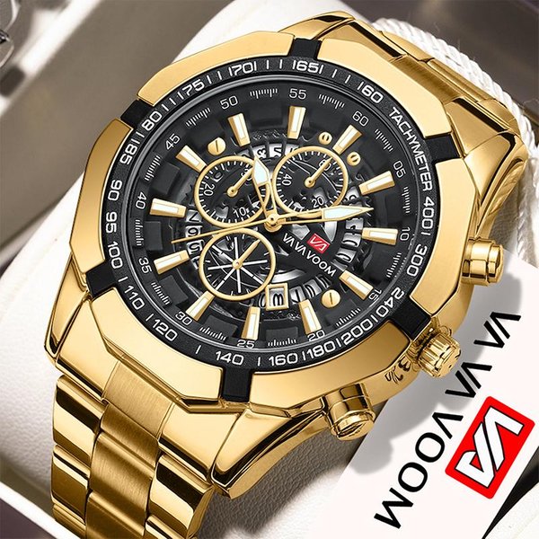 VA VA Voom MęSki Zegarek Top Marka Ze Stali Nierdzewnej Kalendarz śWiecąCy Zegar Sportowe Zegarki Kwarcowe MęSkie Business Casual Wodoodporny Zegarek Z Chronografem ZłOty-image