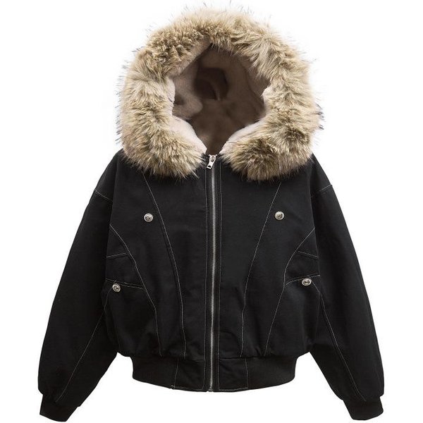 Hip Hop Zima MęSki PłAszcz Casual Gruby CiepłY Damski PłAszcz Parka Streetwear LuźNy Z Kapturem KołNierz Z Norki Para KróTki PłAszcz S Czarny-image