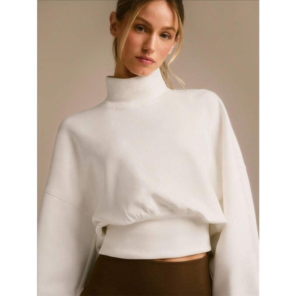 Damski Sweter Crop Top Z Dzianiny Z Golfem, DłUgi RęKaw, LuźNy, Casualowy, GłAdki, WciąGany XL BiałY-image