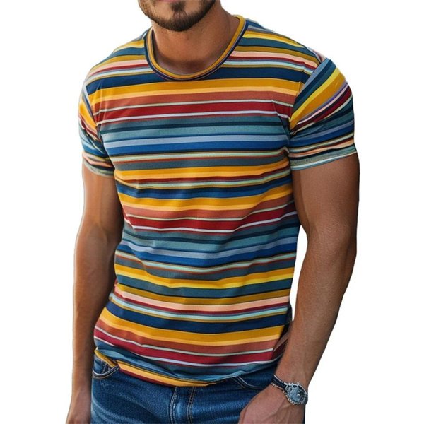 Camisetas GráFicas De Rayas Retro Para Hombre Moda Verano Manga Corta Camisetas Impresas En 3D Tendencia Streetwear PulóVeres Oversize Camisetas S Blue-image