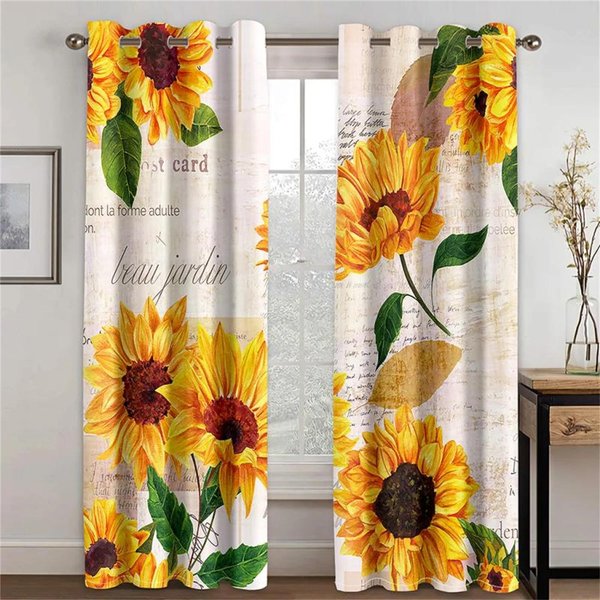Cortinas Vintage Estilo Pastoral Girasol Amarillo 2 Paneles Para Sala De Estar Dormitorio Cocina BalcóN Cortinas Decorativas 50W60H(CM)X2&HOOK-image