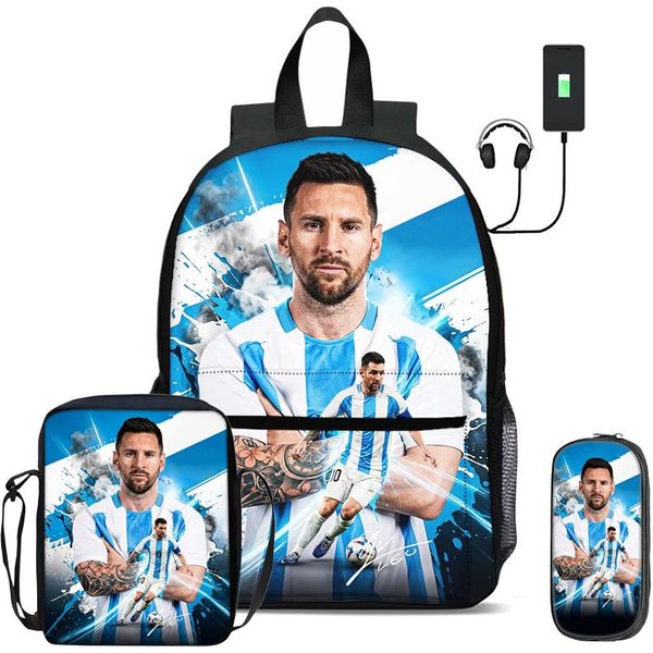 M-Messi Set De 3 Piezas Mochila Escolar Con Interfaz USB Estrella De FúTbol Con Bolso De Hombro Deporte De FúTbol Estuche Para LáPices Mochila Para NiñOs-image