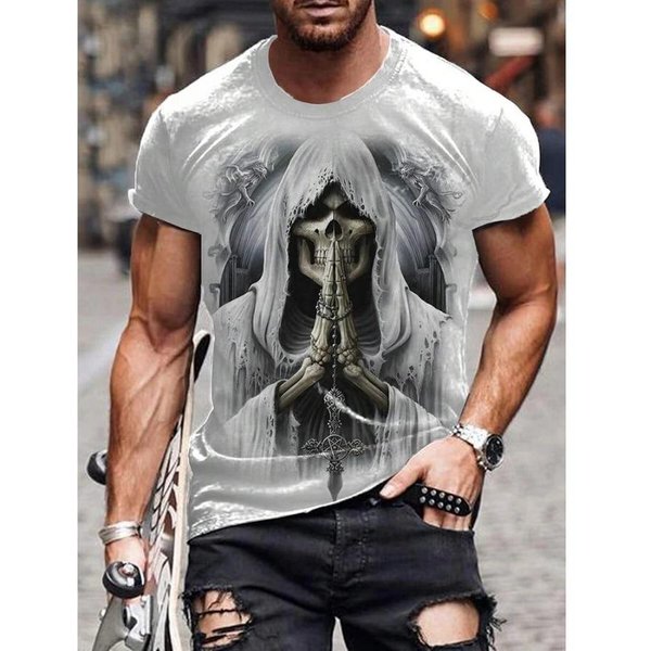 MęSki T-Shirt Z Nadrukiem Czaszki Modlitwy śMierci 2024 Nowy Letni Codzienny T-Shirt MęSki Outdoor Street Fashion Top Z KróTkim RęKawem S Gray-image