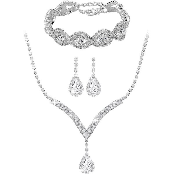 Exquisito Collar Con Diamantes De ImitacióN Y Pendientes, Pulsera, Cadena De ClavíCula De Cristal De Tres Piezas, Accesorios Para La Cena, Collar Blanco-image