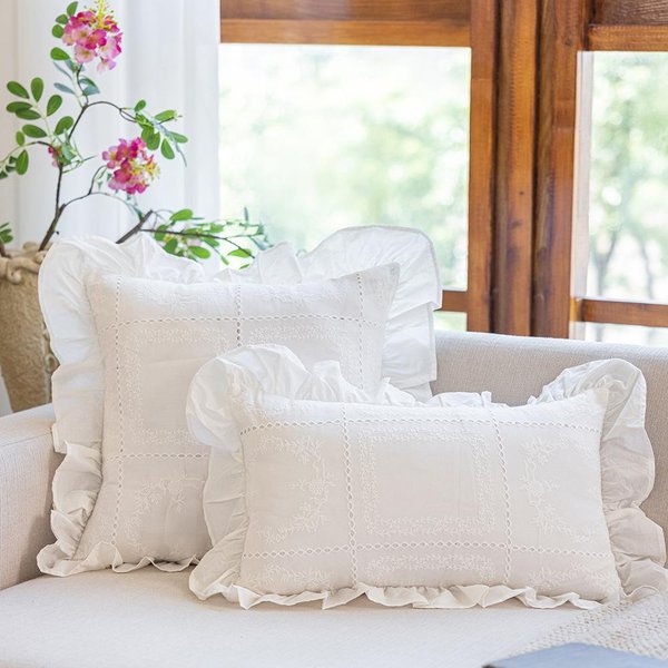 Funda De CojíN Decorativo FrancéS 30X50/45X45Cm AlgodóN Bordado Floral Dulce Funda De Almohada Borde Con Volantes DecoracióN Funda De Almohada Para Sofá Del Hogar 30X50Cm-image