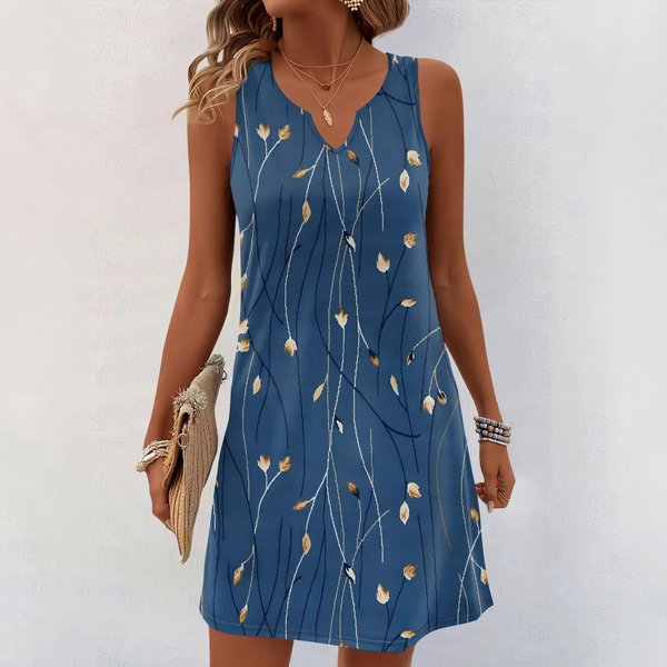 Vestidos De Verano Para Mujer, Vestido Informal Sin Mangas Con Cuello En V Y Estampado Xxxl Azul Oscuro-image