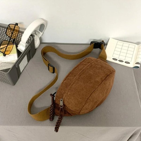 Damska Saszetka Biodrowa DużA Pojemność Sztruksowa Saszetka Na Biodra Street Torba Na Klatkę Piersiową Modne Torby Na Ramię I Crossbody Casualowa Torba Na Pasek Biodrowy BrąZowy-image