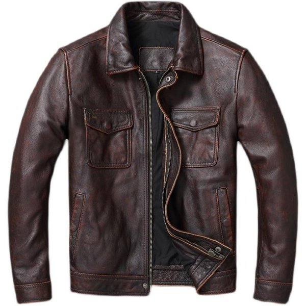 Casualowa SkóRzana Kurtka MęSka Prawdziwa SkóRa BydlęCa Retro Vintage SkóRzane Kurtki MęSkie Kurtki Chaqueta De Cuero Para Hombre Casacos XL BrąZowy-image