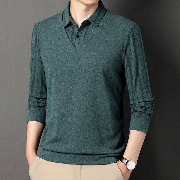 Nueva Camiseta De Manga Larga Para Hombre Camisa Polo Para JóVenes Y Personas De Mediana Edad Con Cuello Camisero Camiseta Rayada De Moda Para Hombre Xxxxl Gray-image