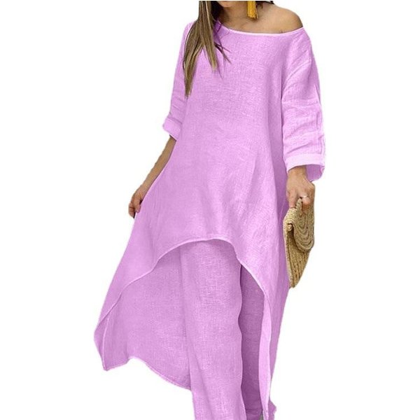 Letni Damski Modny, Swobodny, BawełNiany, Lniany Garnitur, Nieregularny, DłUgi RęKaw, Szerokie Nogawki, DwuczęśCiowy Garnitur W DużYm Rozmiarze XL Pink-image