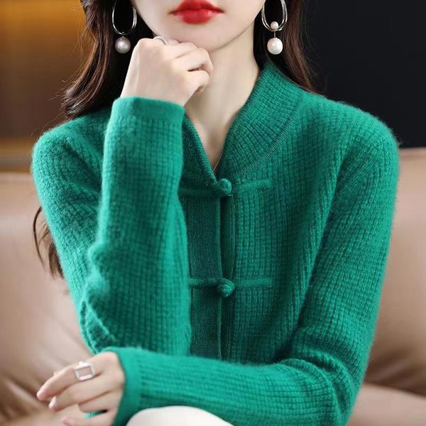 100% Kaszmirowy Kardigan Damski Jesienno-Zimowy Nowy ChińSki Styl Retro Guziki Sweter Do PołOwy WysokośCi LuźNy, Jednokolorowy, WełNiany, Dzianinowy Top S Blue-image