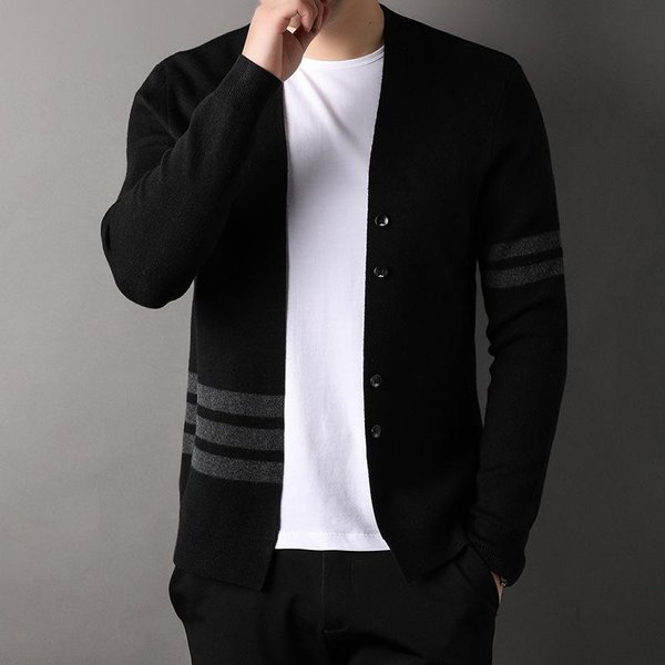 Nuevo CáRdigan De Punto Para Hombre De OtoñO, Estilo Coreano Juvenil Casual, SuéTer Chaqueta Con Cuello En V De Moda Para Hombre 3XL Black-image