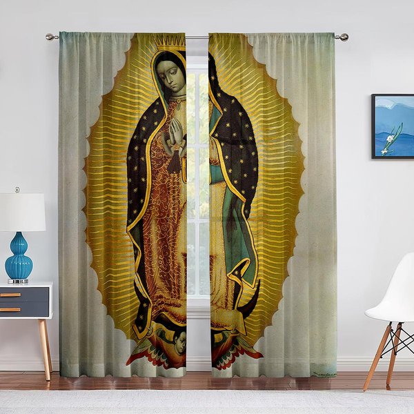 Nuestra SeñOra De Guadalupe Santa Mexicana Virgen MaríA Cortinas De Voile Transparente Florales Para Dormitorio Sala De Estar Ventana Cocina Cortinas De Gasa Tul W65X60H(Cm)X2Pcs&Hook-image